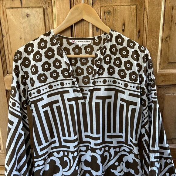 Virginia Witbeck Medium‎ Brown White Blouse V-Neck Floral Geometric - Picture 2 of 10